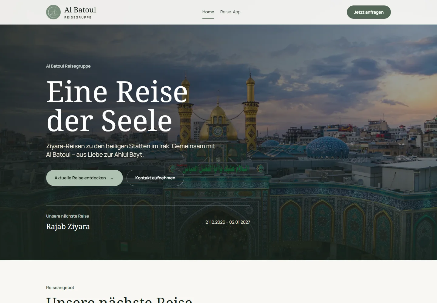 Screenshot der Al-Batoul-Reisewebsite für Ziyara-Reisen in den Irak.