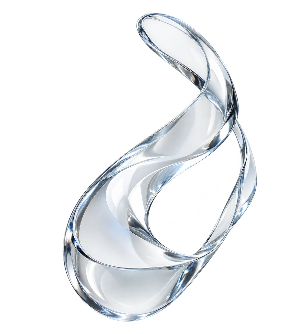 Originale optische Glasskulptur: eine asymmetrische, fließende Schleife.